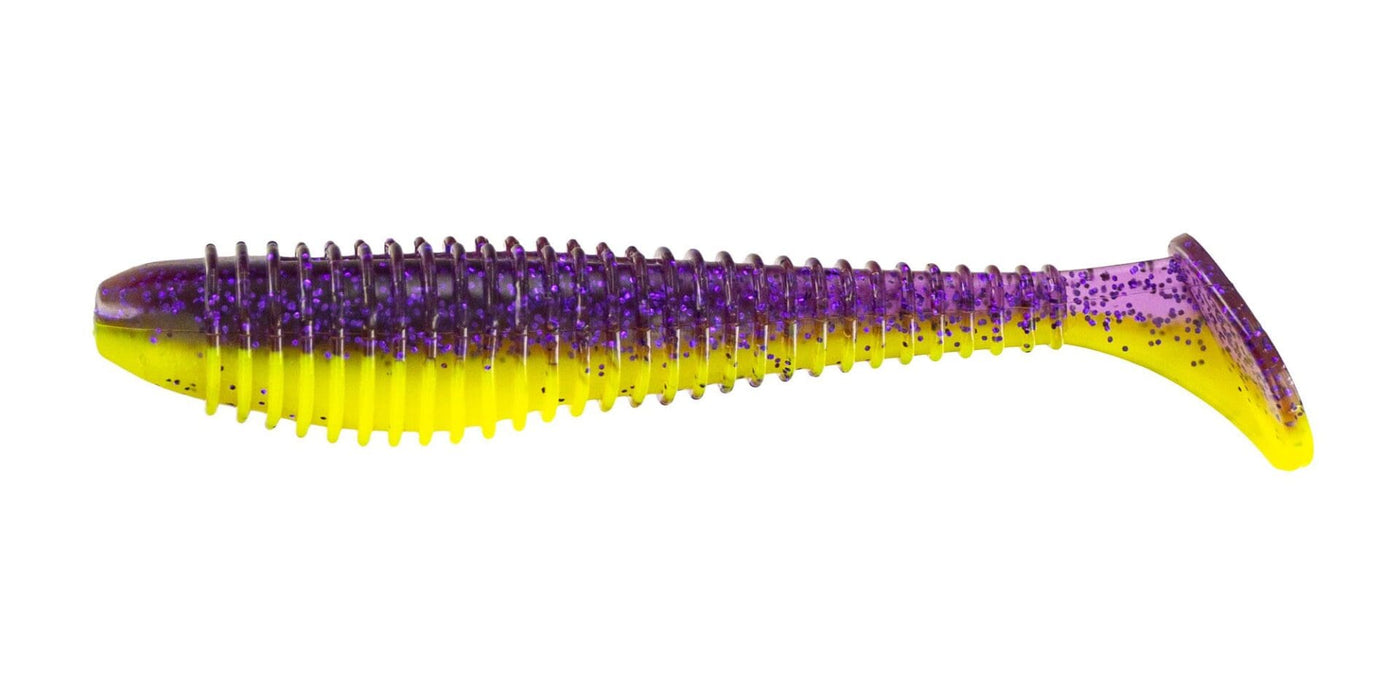 Big Bite Baits Soft Bait PURPLE GLITTER/OPAQUE CHARTREUSE 2.8" PRO SWIMMER (8Pack)