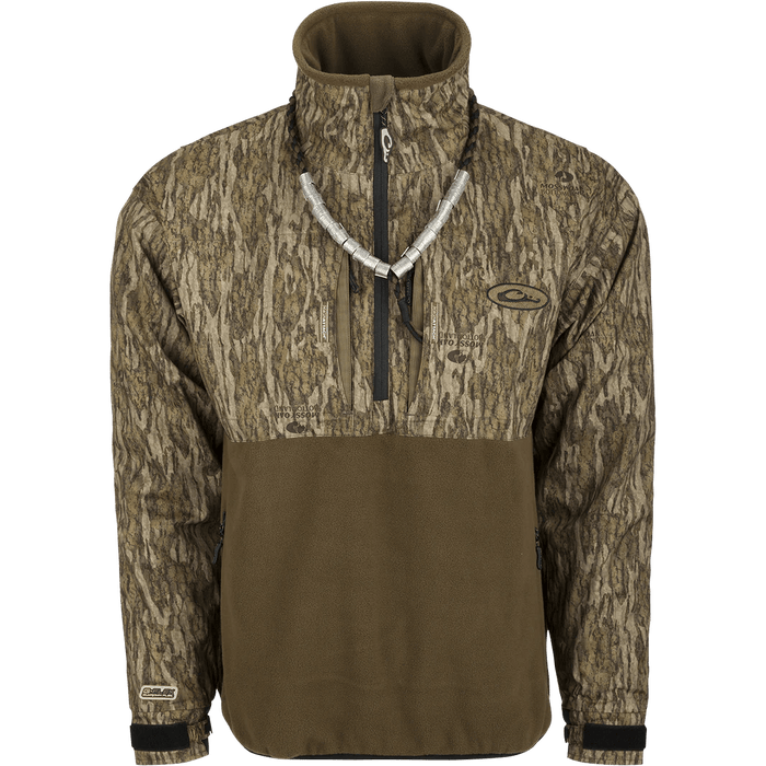 Drake Waterfowl Hunting Jacket MST Guardian Eqwader Flex Fleece Quarter Zip Jacket (Mossy Oak Bottomland)