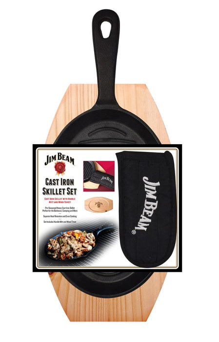 StyleAsia Cooking Jimbeam Cast Iron Skillet with Handle Mitt and Wood Trivet